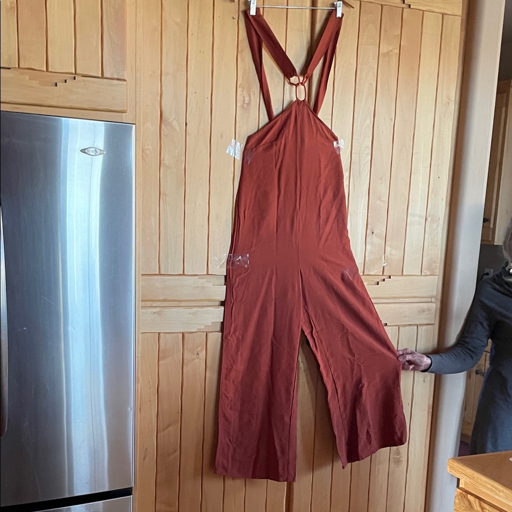 Source Unknown Rust-Colored Wide-Leg Jumpsuit with Crossback Rings